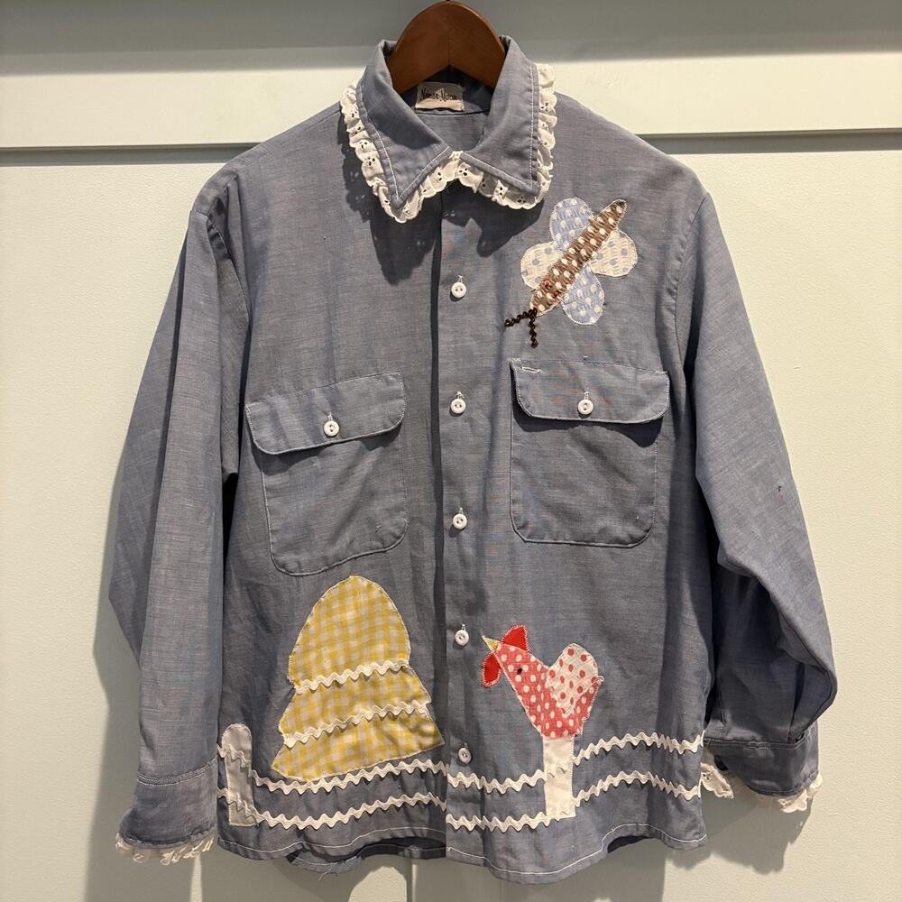 Vtg Neiman Marcus Chambray Shirt Large Applique Farm Gingham Prairie Cottagecore